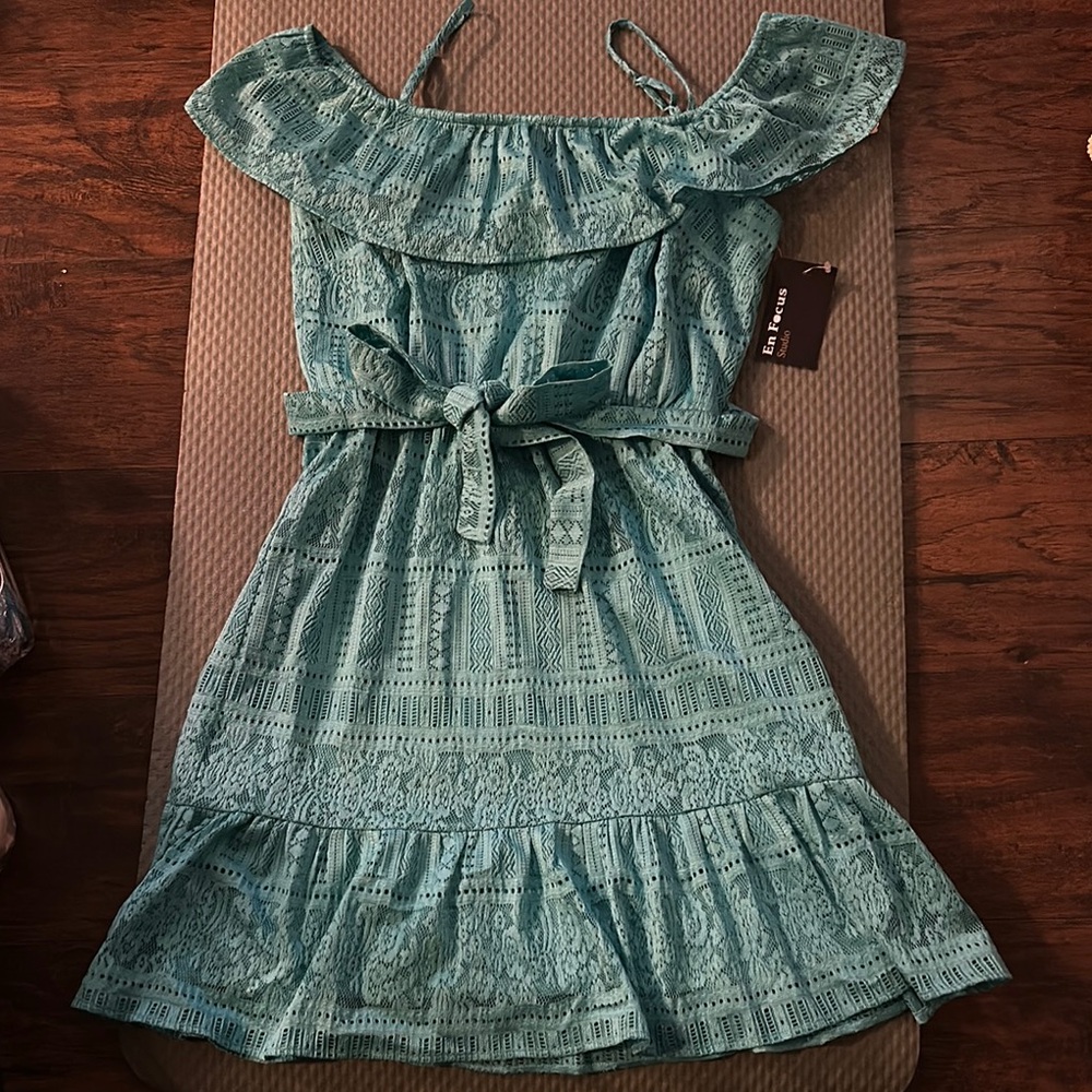 En Focus Studio dress Aqua Blue Floral Eyelet Lace Off-Shoulder Dress